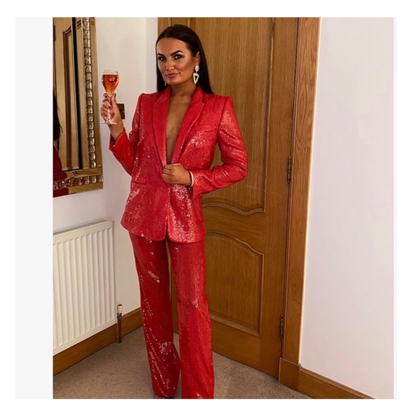 Zara Pants & Jumpsuits Nwt Zara 2piece Red Sequin Blazer And Pants